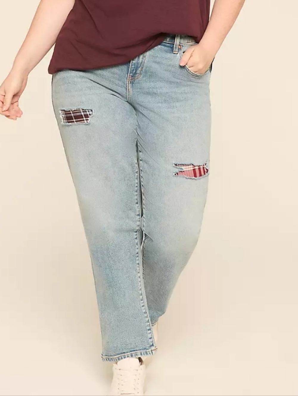 Light Wash Distressed Boyfriend Jeans with Plaid Patch Detail